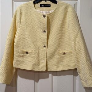Zara Light Yellow Cropped Tweed Blazer